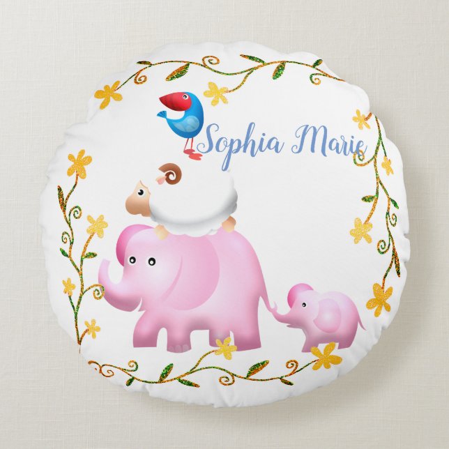 Elephants, Sheep & Bird Animal Tower Round Pillow (Front)