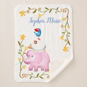 Elephants, Sheep & Bird Animal Tower Sherpa Blanket