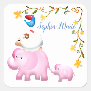 Elephants, Sheep & Bird Animal Tower Square Sticker