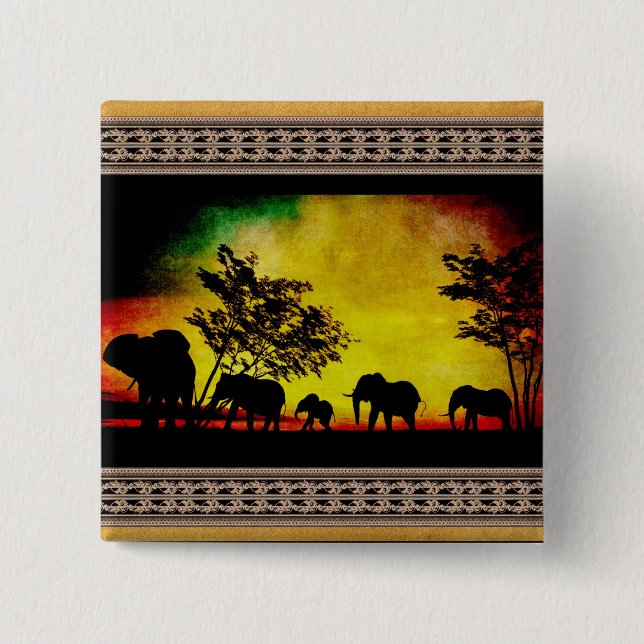 Elephants Sunset 2 Inch Square Button (Front)