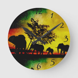 Elephants Sunset Round Clock
