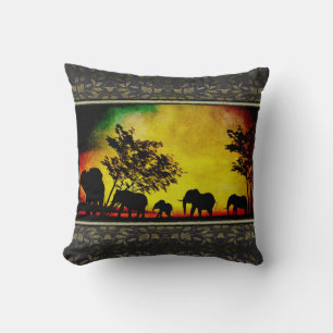 Elephants Sunset Throw Pillow