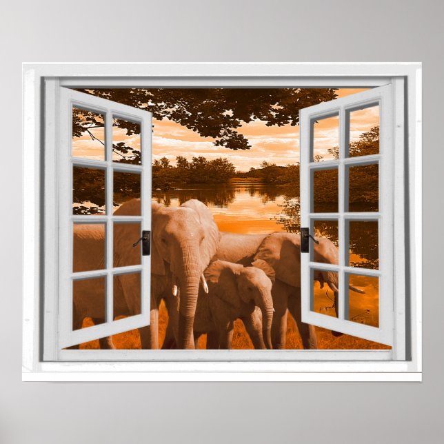 Elephants Sunset View Trompe l'oeil Fake Window Poster (Front)