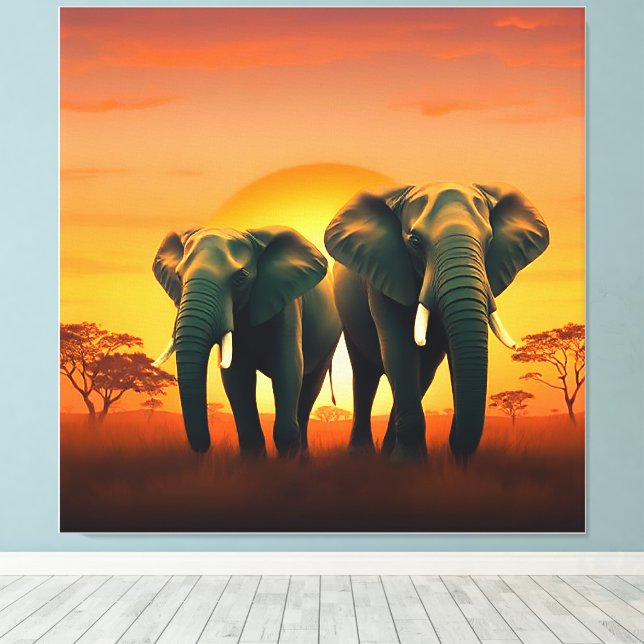 Eléphants sur la toile des plaines africaines. (Insitu (Plancher de Bois))