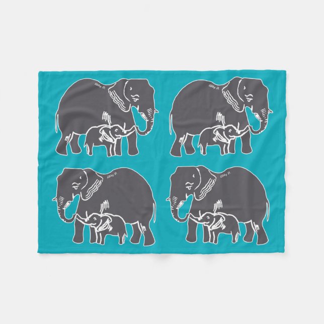 Elephants Teal Fleece Blanket (Front (Horizontal))