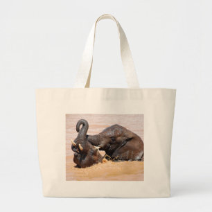 Elephants water world large tote bag