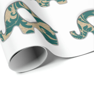 Elephants White Oriental Teal Champaigne Gold Wrapping Paper