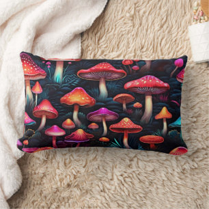 Elevate Your Comfort Zone with Red Neon Mushrooms Lumbar Pillow