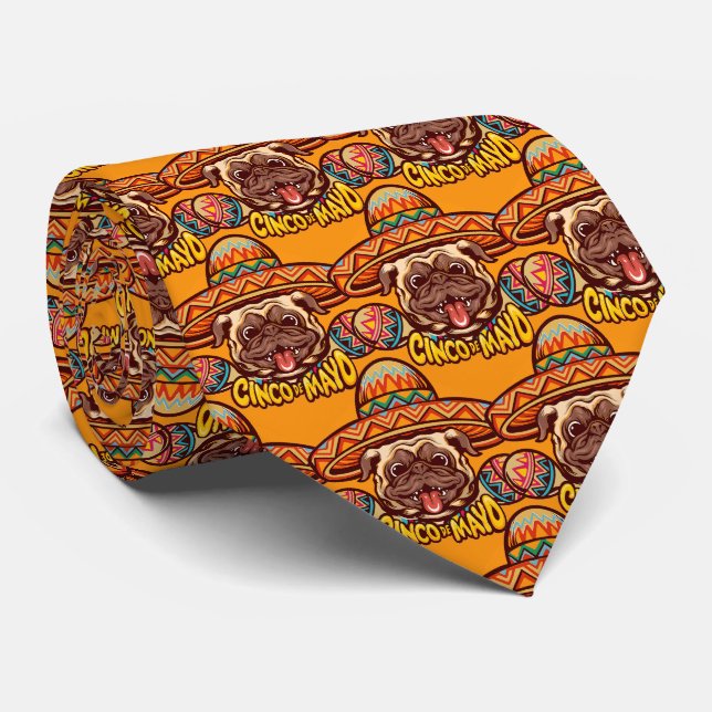 Elevate Your Style: Cinco de Mayo Pug Dog Party Tie (Rolled)