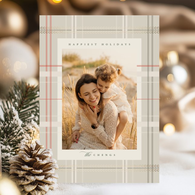 Elevated Plaid Cozy Cabin Beige Forest Green Holiday Card (Creator Uploaded)