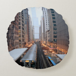 Elevated rail in downtown Chicago over Wabash Round Pillow
