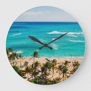Elevated View Of Waikiki Beach Scene, Honolulu 2 Large Clock