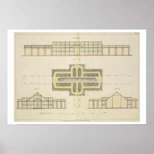 Elevations and ground plan of a glasshouse, from ' poster