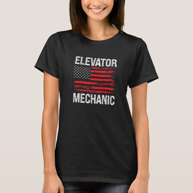 Elevator Mechanic Technician US American Flag Dist T-Shirt (Front)