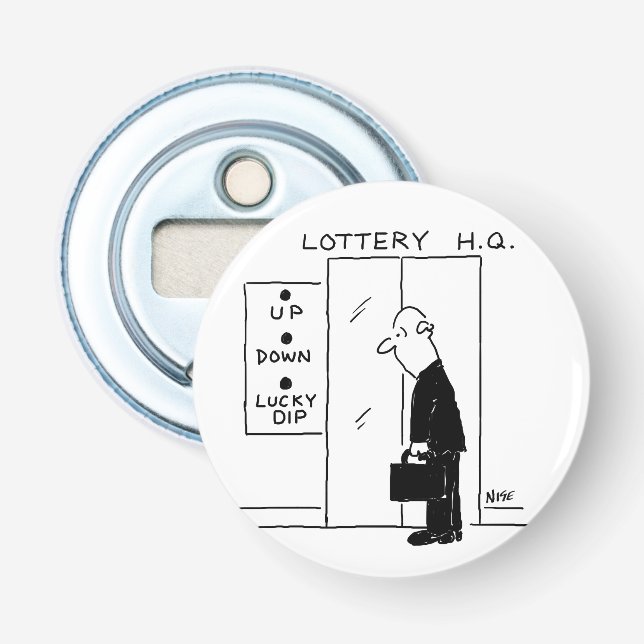Elevator or Lift in a Lottery Headquarters Cartoon Bottle Opener (Front)