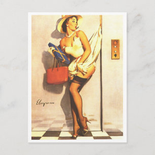 Elevator Pin Up Postcard