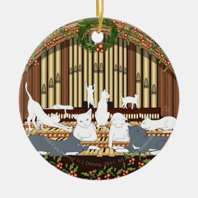 Eleven Cats Piping... Christmas Tree Ceramic Ornament (Front)