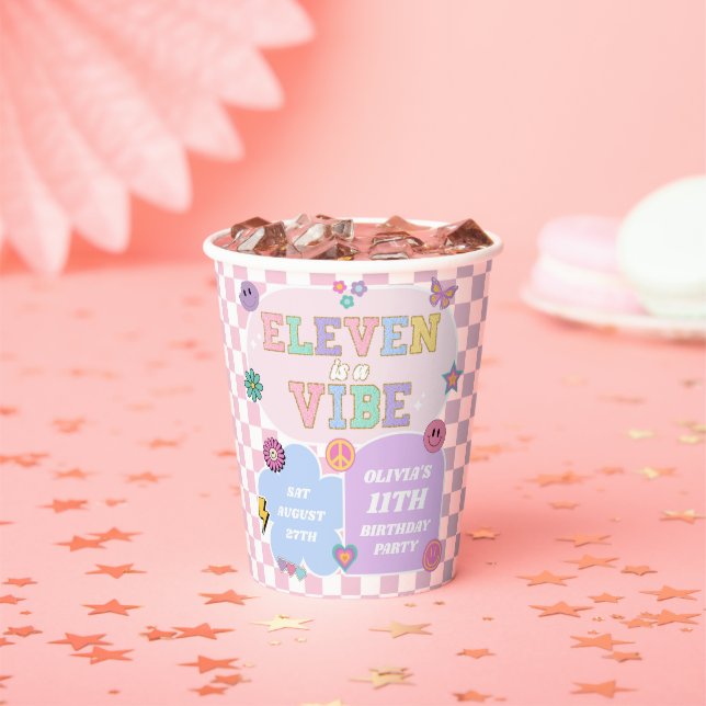 Eleven Is A Vibe Preppy Patch 11th Birthday Party Paper Cups (Insitu)