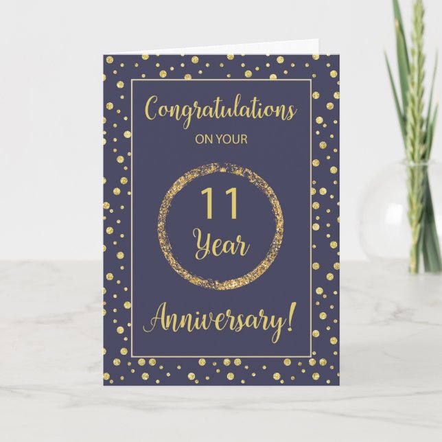 Eleven Years Business Anniversary Navy & Gold-Look Card (Front)