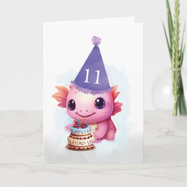 Eleventh 11th Birthday Cute Pink Axolotl Card (Front)
