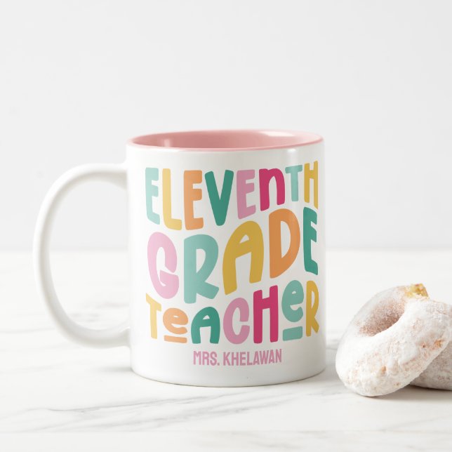 Eleventh Grade Teacher Colourful Retro Text Two-Tone Coffee Mug (With Donut)