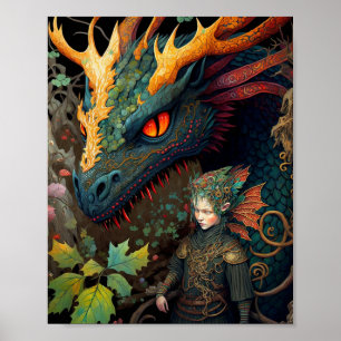 Elf And Dragon Fantasy Art Poster