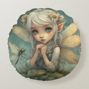 Elf and Dragonfly 2 Round Pillow