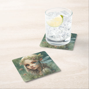Elf and Dragonfly 3 Square Paper Coaster
