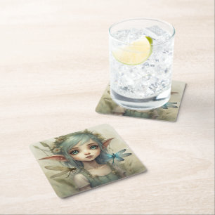 Elf and Dragonfly 4 Square Paper Coaster