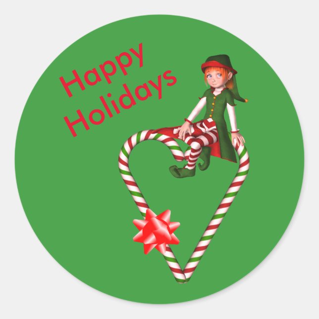 Elf Candy Cane Heart Christmas Holiday  Classic Round Sticker (Front)