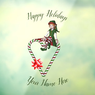 Elf Candy Cane Heart Cute Christmas Holiday   Window Cling