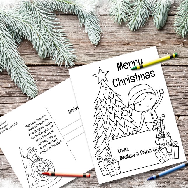 Elf Christmas Colouring  Holiday Postcard (Spark your child's creativity this holiday season with our Christmas Elf Coloring Postcard! )