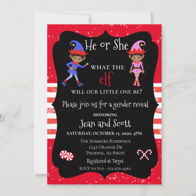 Elf Christmas Holiday Gender Reveal Ethnic Invitation (Front)