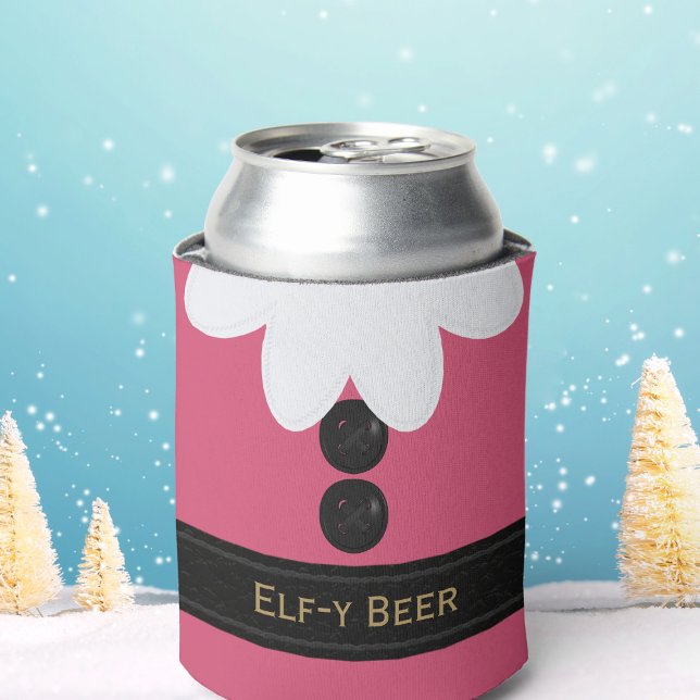 Elf Christmas in July Party Pink Can Cooler (Cute pink elf themed can cooler just for you. Add your name!)
