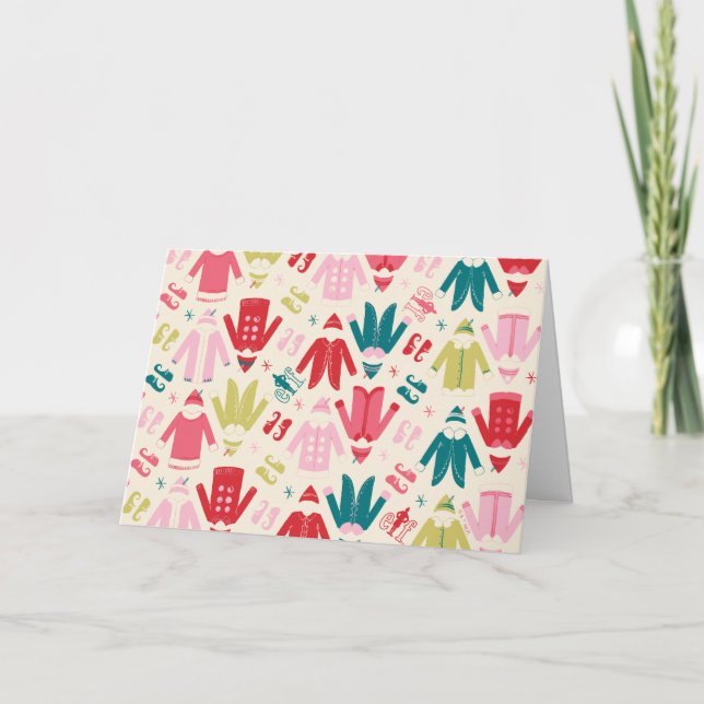 Elf Colourful Coat and Shoes Pattern Holiday Card (Front)