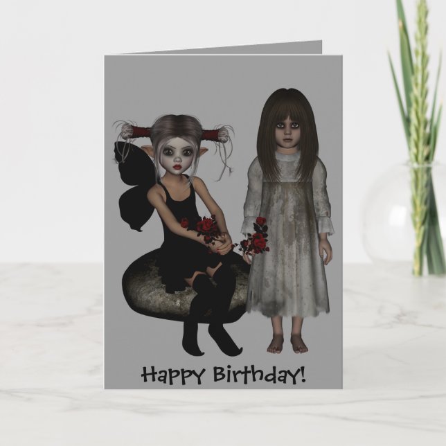 Elf Dark Wolf Raven Undead RoseMary Happy Birthday Card (Front)