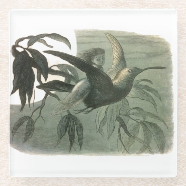Elf Fairies Elves Moon Night Scene Bird Flying  Glass Coaster (Front)