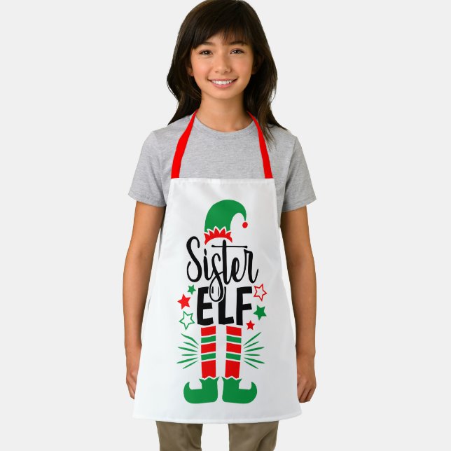 Elf Family Fun | Red and Green Sister Elf Apron (Insitu)