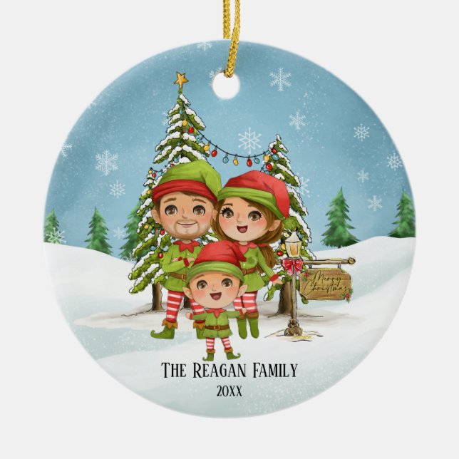 Elf Family of 3 Mom Dad & Son  Ceramic Ornament (Front)