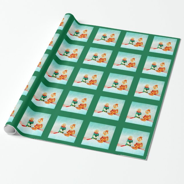 Elf First Date in Green Plaid Wrapping Paper (Unrolled)