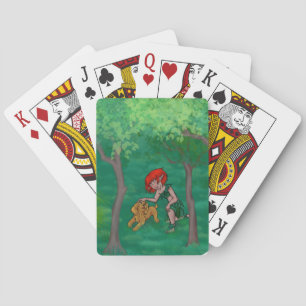 elf girl playing with her puppy dog in the woods playing cards
