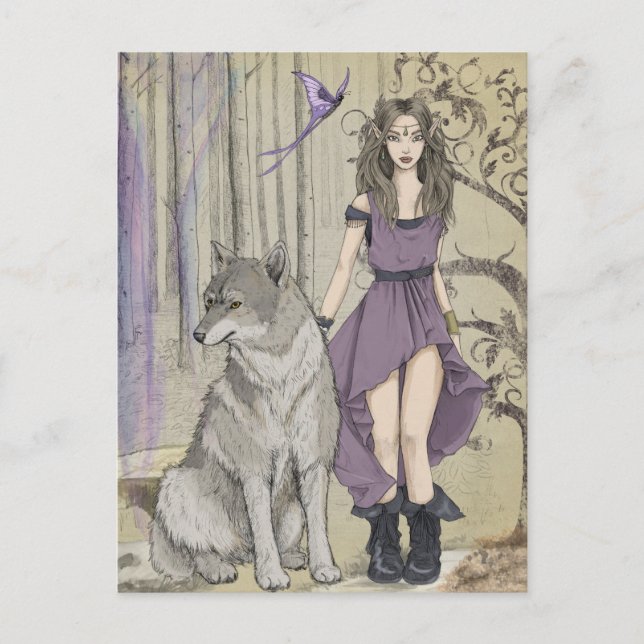 Elf girl with Wolf fantasy Postcard (Front)