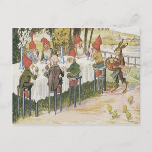 Elf Gnome Easter Bunny Chick Coloured Painted Egg Holiday Postcard (Front)
