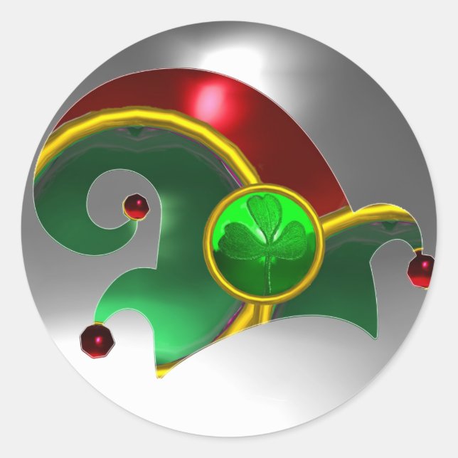 ELF HAT /GOLD JEWELS GREEN SHAMROCK AND GEM STONES CLASSIC ROUND STICKER (Front)