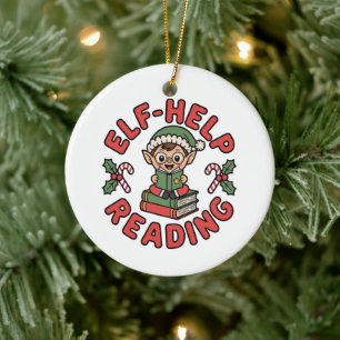 Elf-Help Reading Holiday Tree Ceramic Ornament