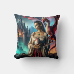 Elf holding a dragon egg throw pillow