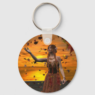 Elf in Falling Leaves Against an Autumn Sunset Keychain
