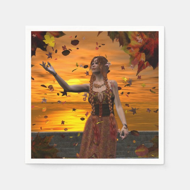 Elf in Falling Leaves Against an Autumn Sunset Napkin (Front)