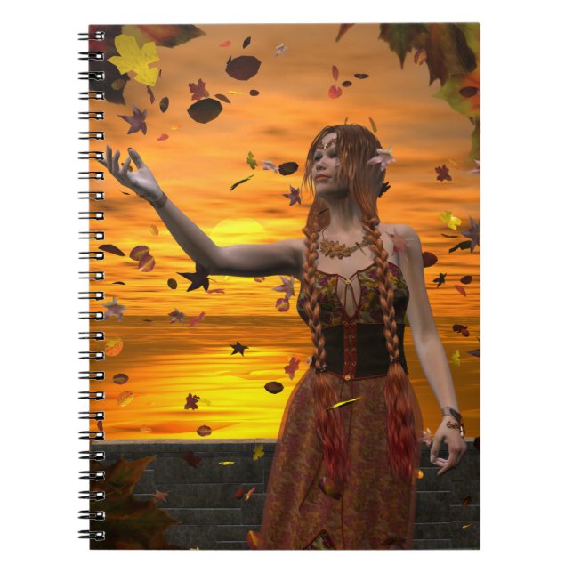 Elf in Falling Leaves Against an Autumn Sunset Notebook (Front)