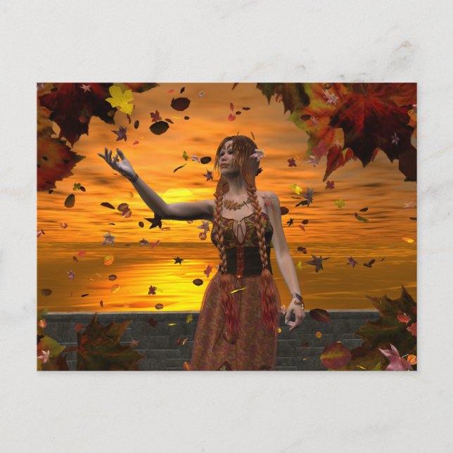 Elf in Falling Leaves Against an Autumn Sunset Postcard (Front)